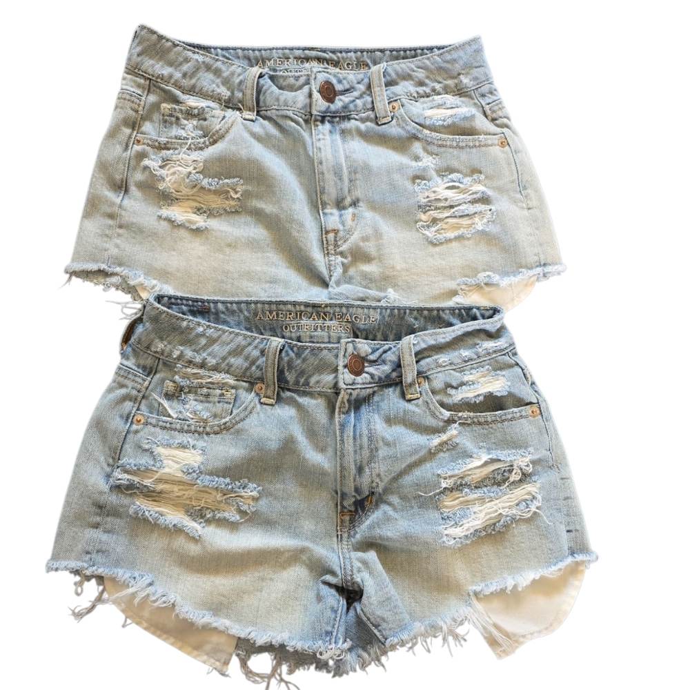 American Eagle Outfitters Blue Jean Shorts Distressed High-Waisted Size 2 - Picture 2 of 8
